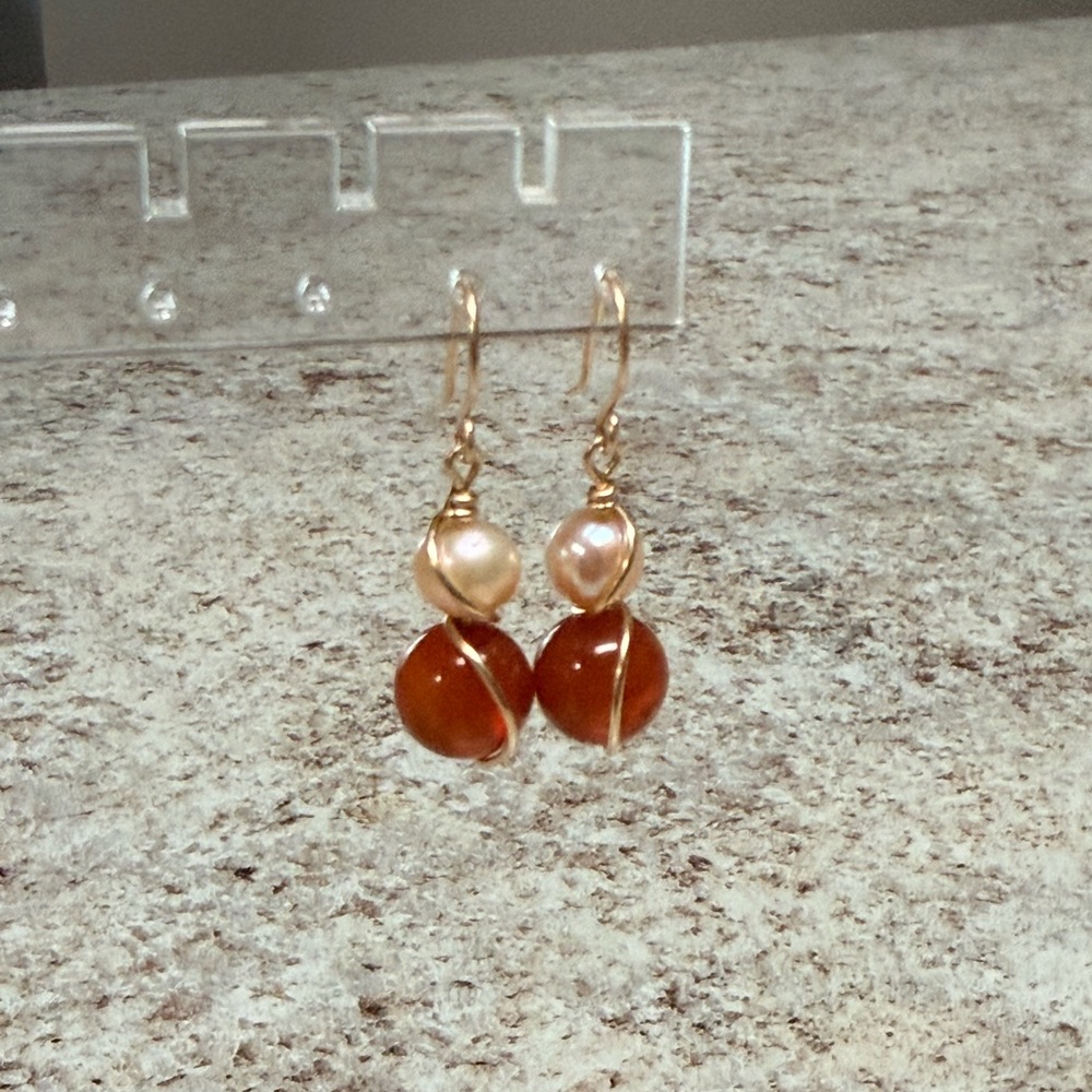 Gold-Filled Carnelian and Pearl Drop Earrings